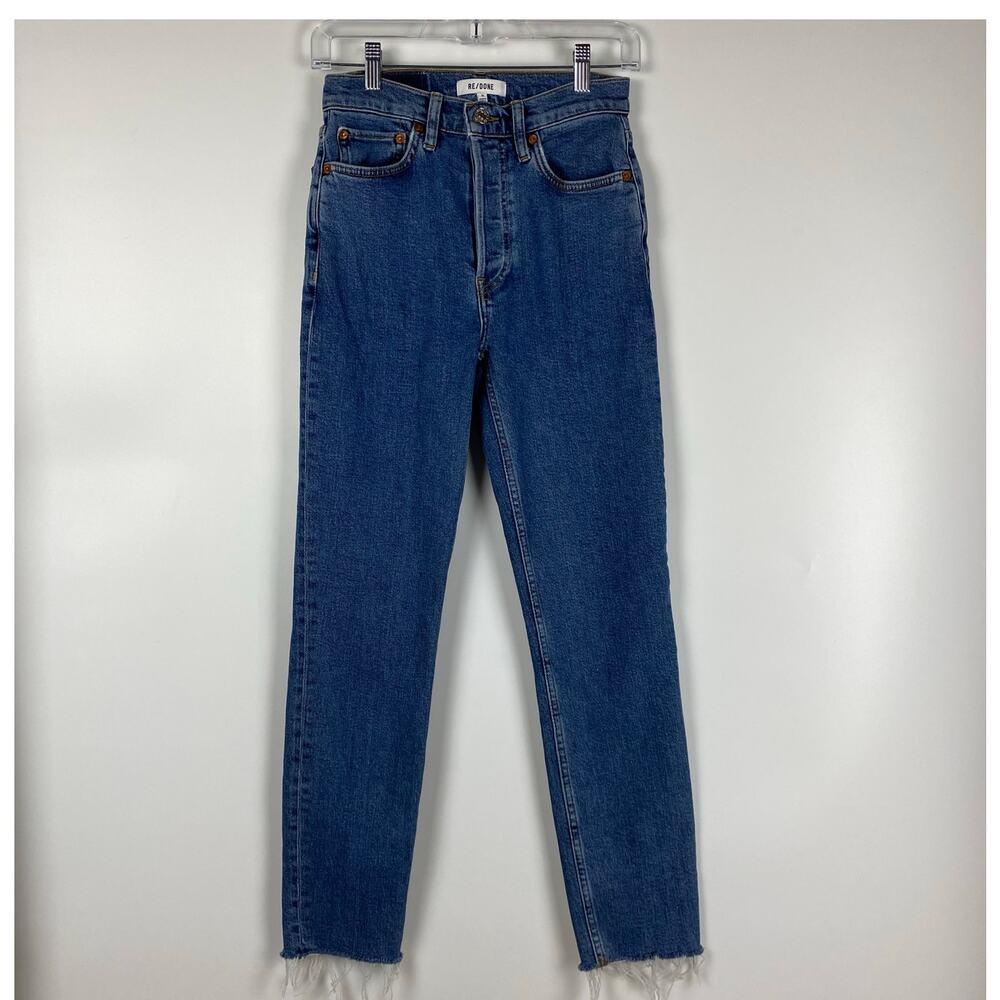 Re/Done High-Rise Ankle Crop Jeans Raw Hem Button Fly Medium Wash Womens Sz 26 - Picture 3 of 11